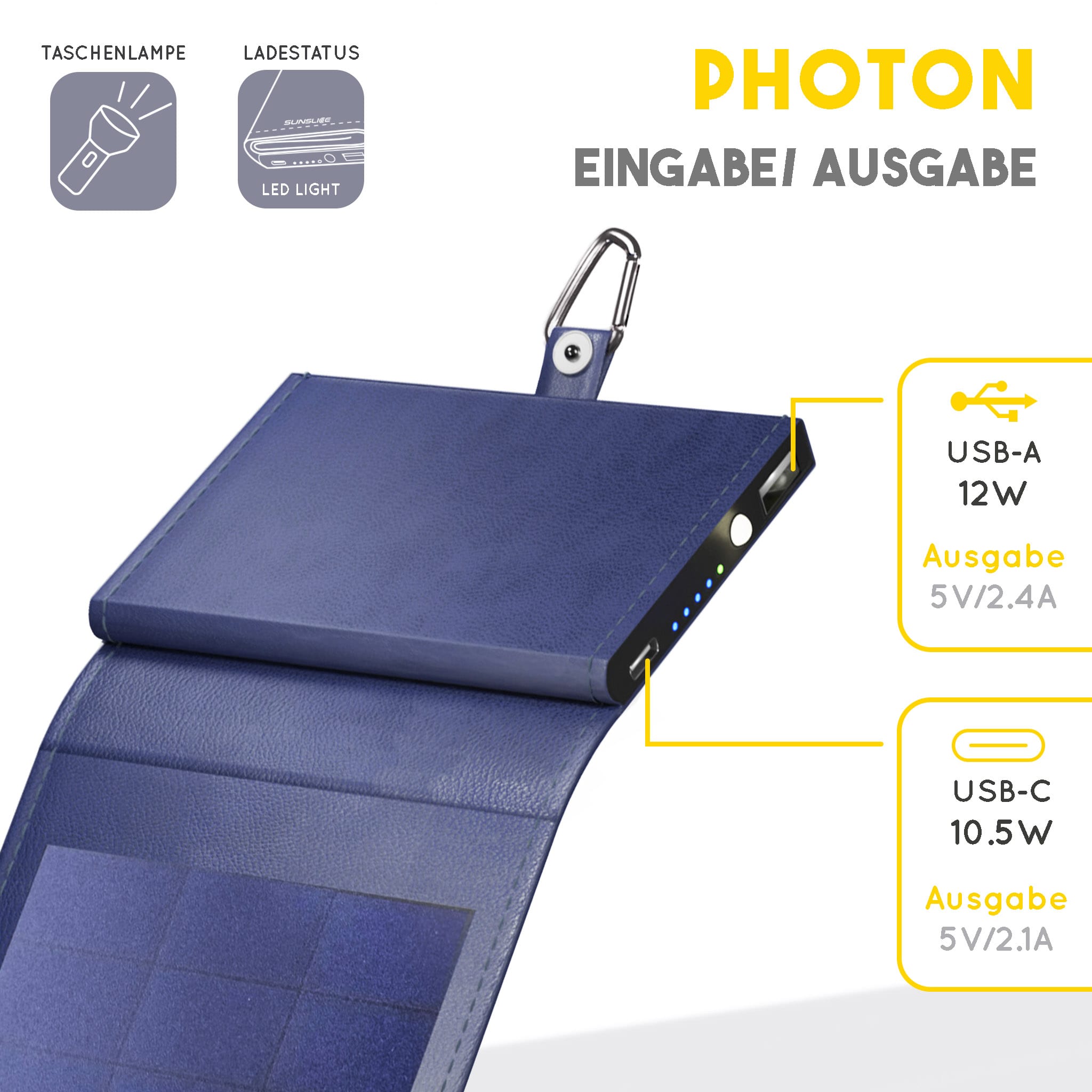 technische daten des Photon das beste solar-handy-ladegerät. leistung: USB-A 12W, USB-C 10,5W