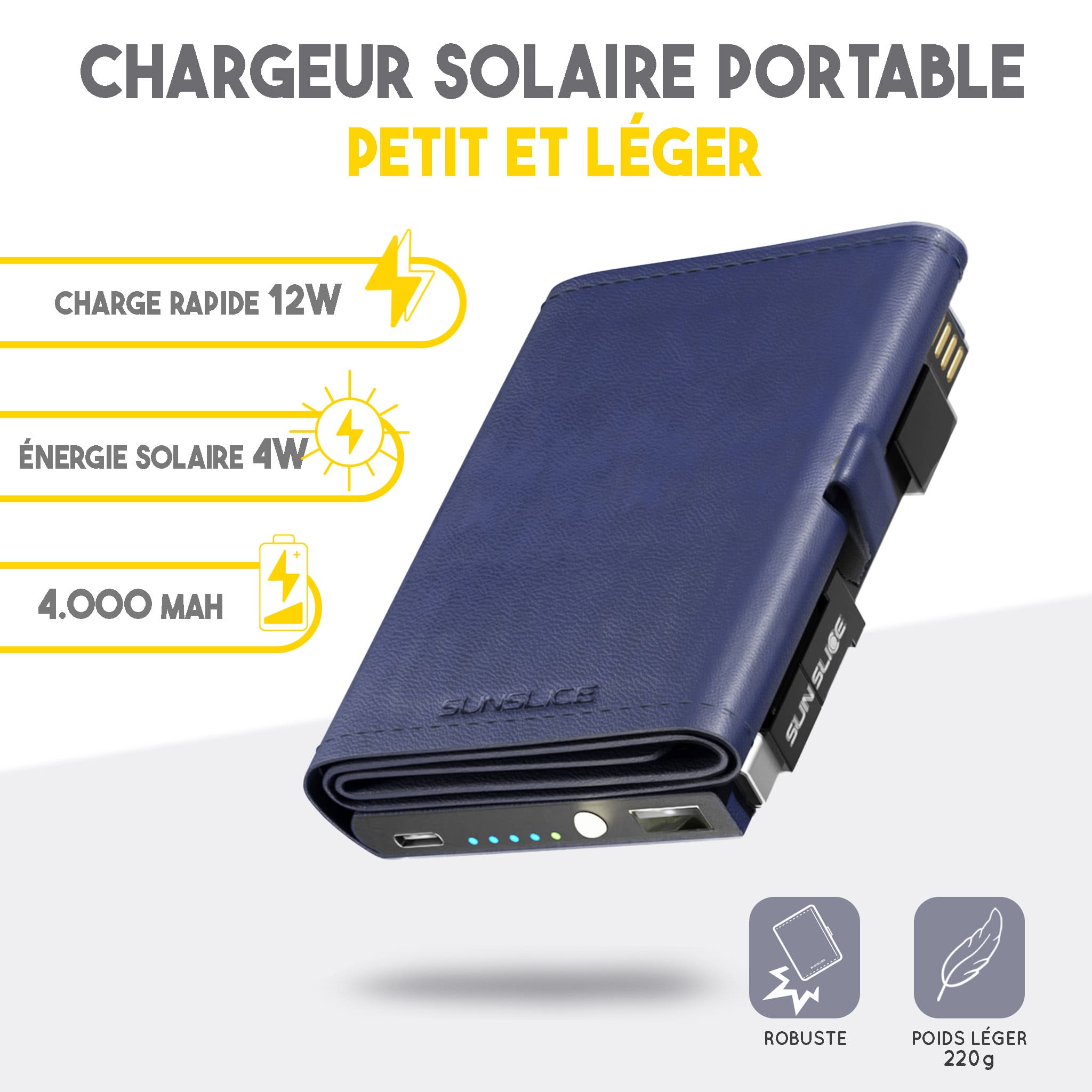 Chargeur solaire portable petit et léger : Capacité : 4000 mAh, Puissance solaire 4W