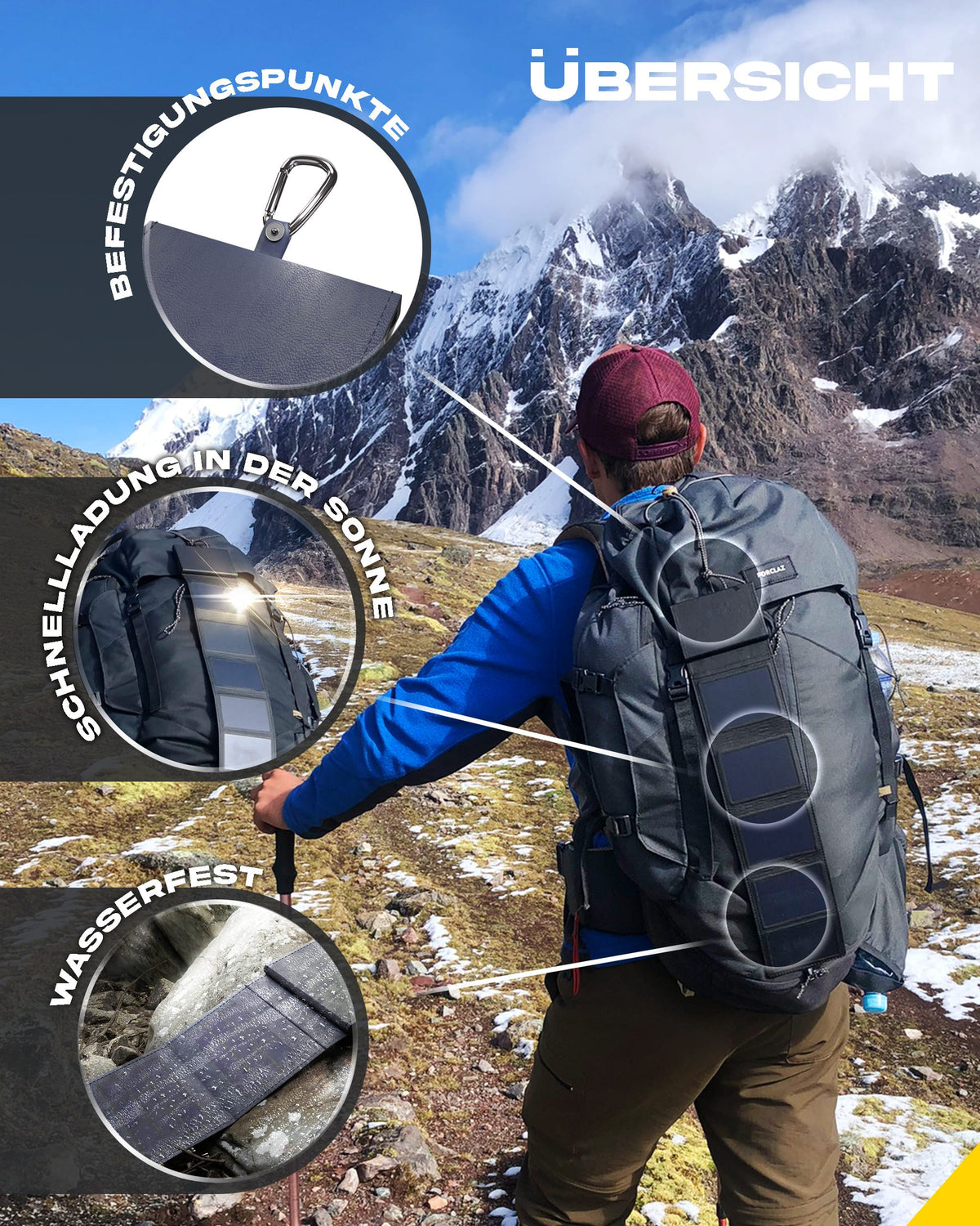 ein Mann, der mit einem Wanderrucksack, an dem ein solar power bank Ladegerät befestigt ist, einen Berg besteigen will