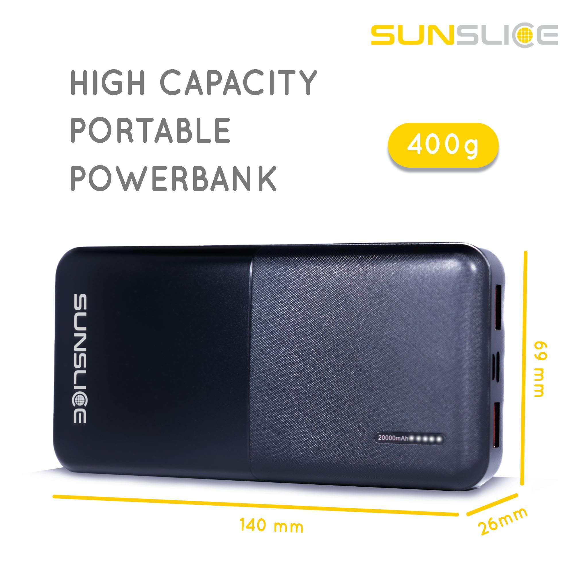 Power bank Gravity 20 size : 140 mm, 26 mm, 69 mm. Weight : 400g