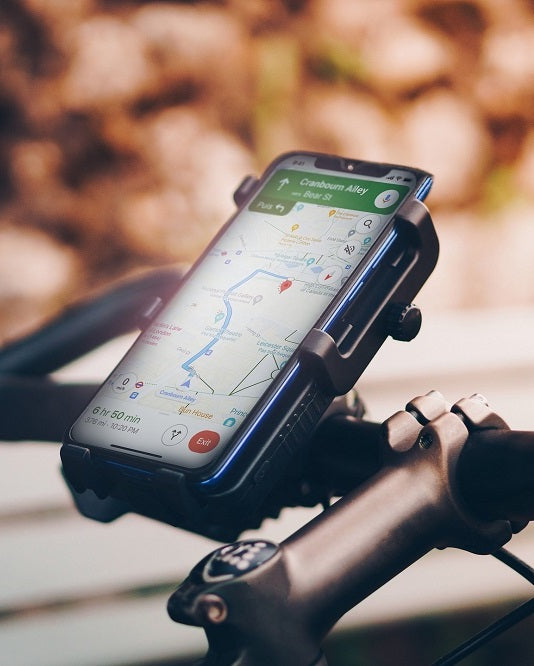 Bike Phone Holder with integrated battery also works as phone mount for motorbikes