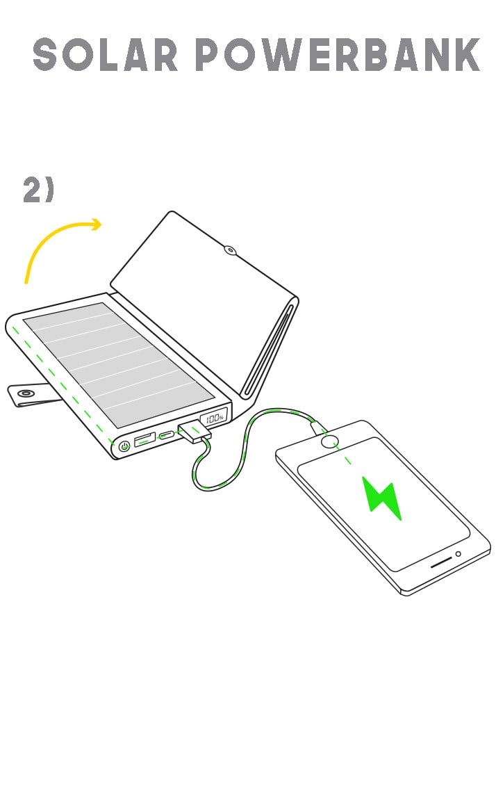 tonen zonne-energie bank wordt geopend chaging een telefoon dankzij het geïntegreerde power bank