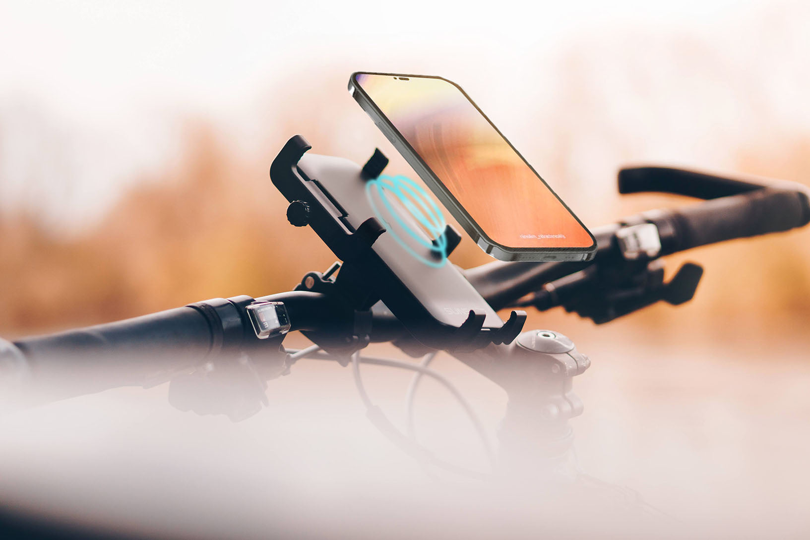 phone holder on a bike with a flying phone on top of it, wireless charging