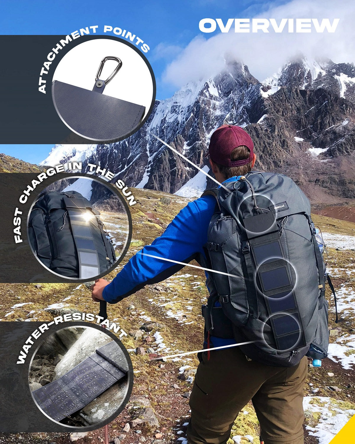 a man about to climb a mountain with a hiking backpack and a solar power bank charger attached to it