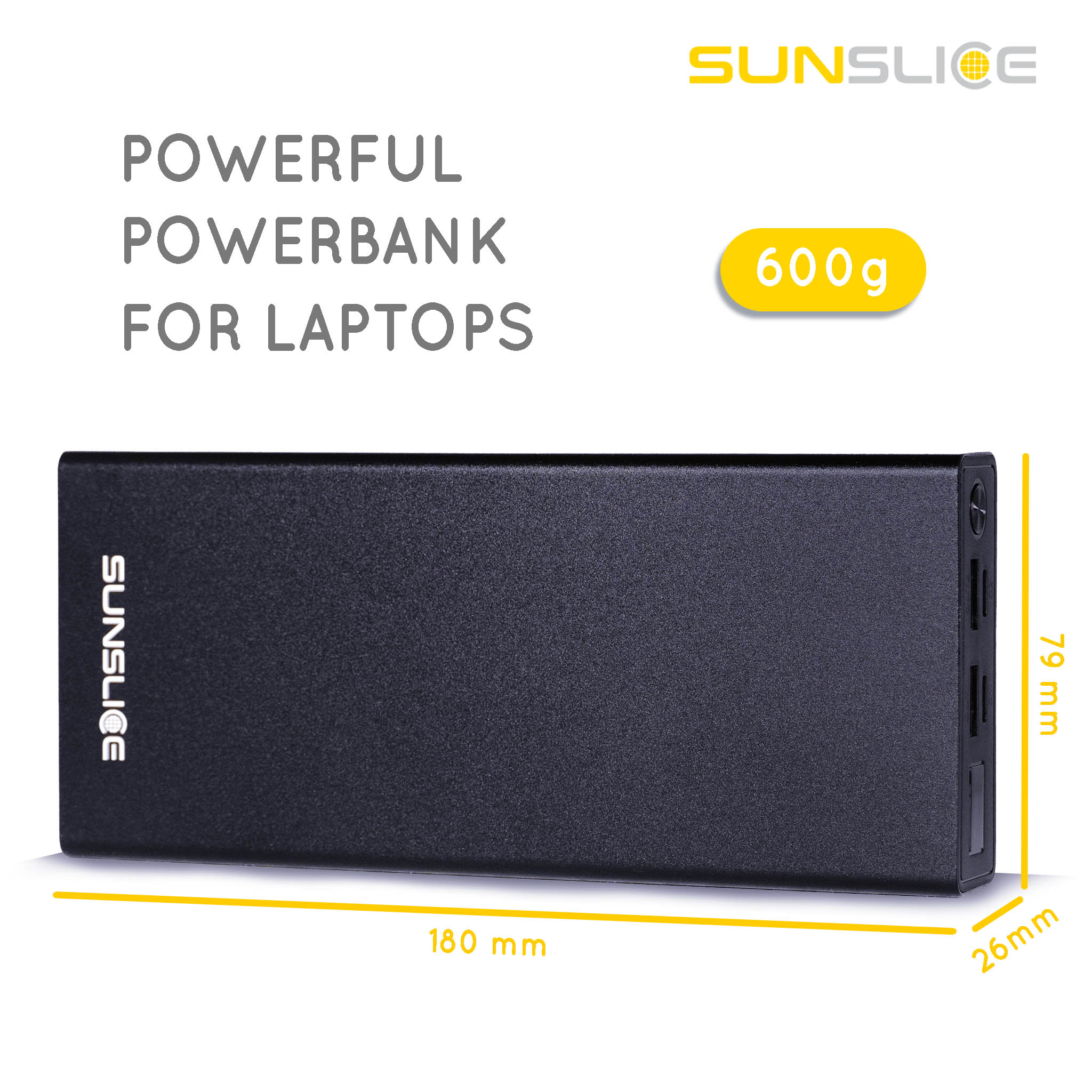 Power bank Gravity 27 size informations: 180 mm, 79 mm, 26 mm. Weight: 600g Powerful power bank for laptop