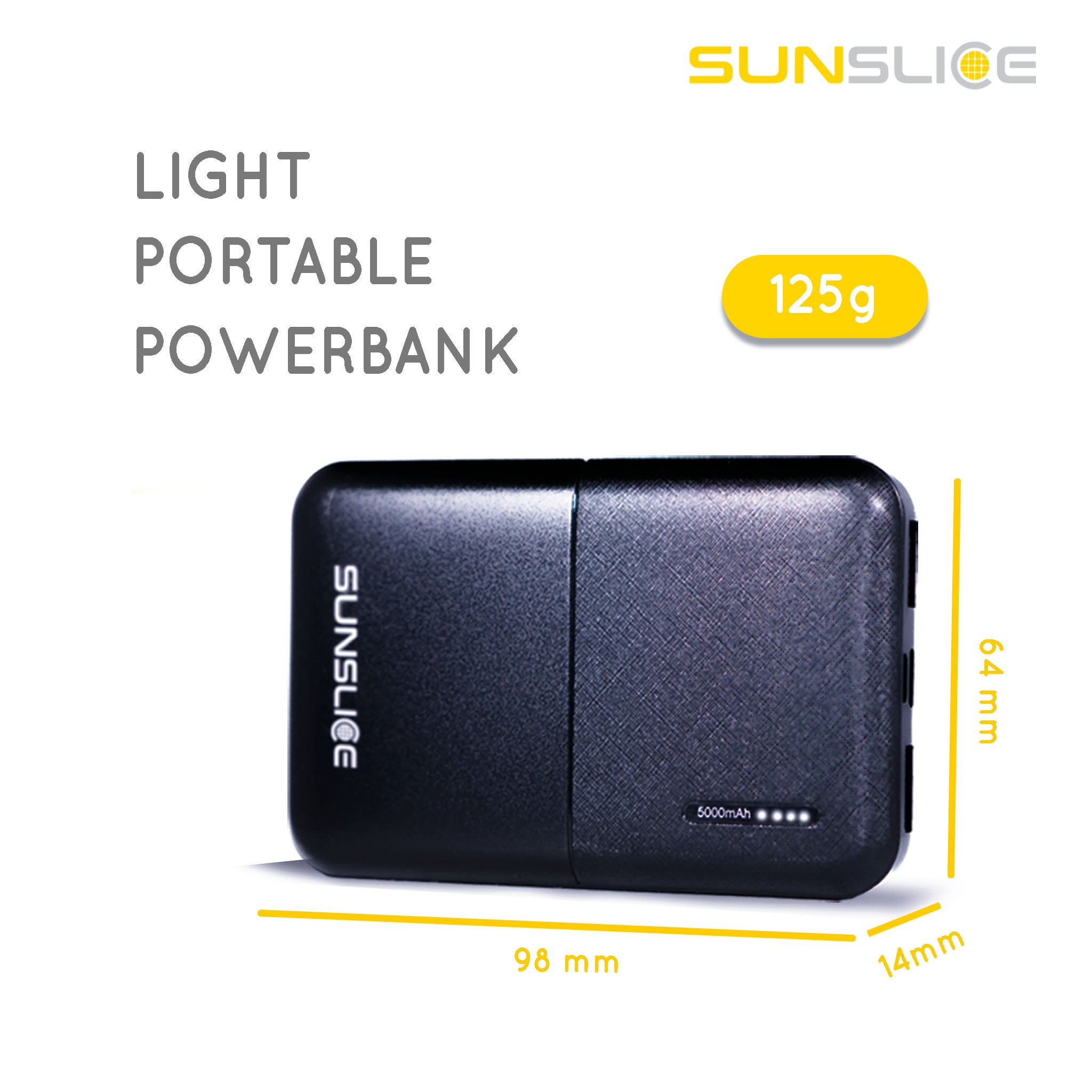 Light portable power bank , weight : 125 gramme , Size : 98 millimetre, 14mm, 64mm