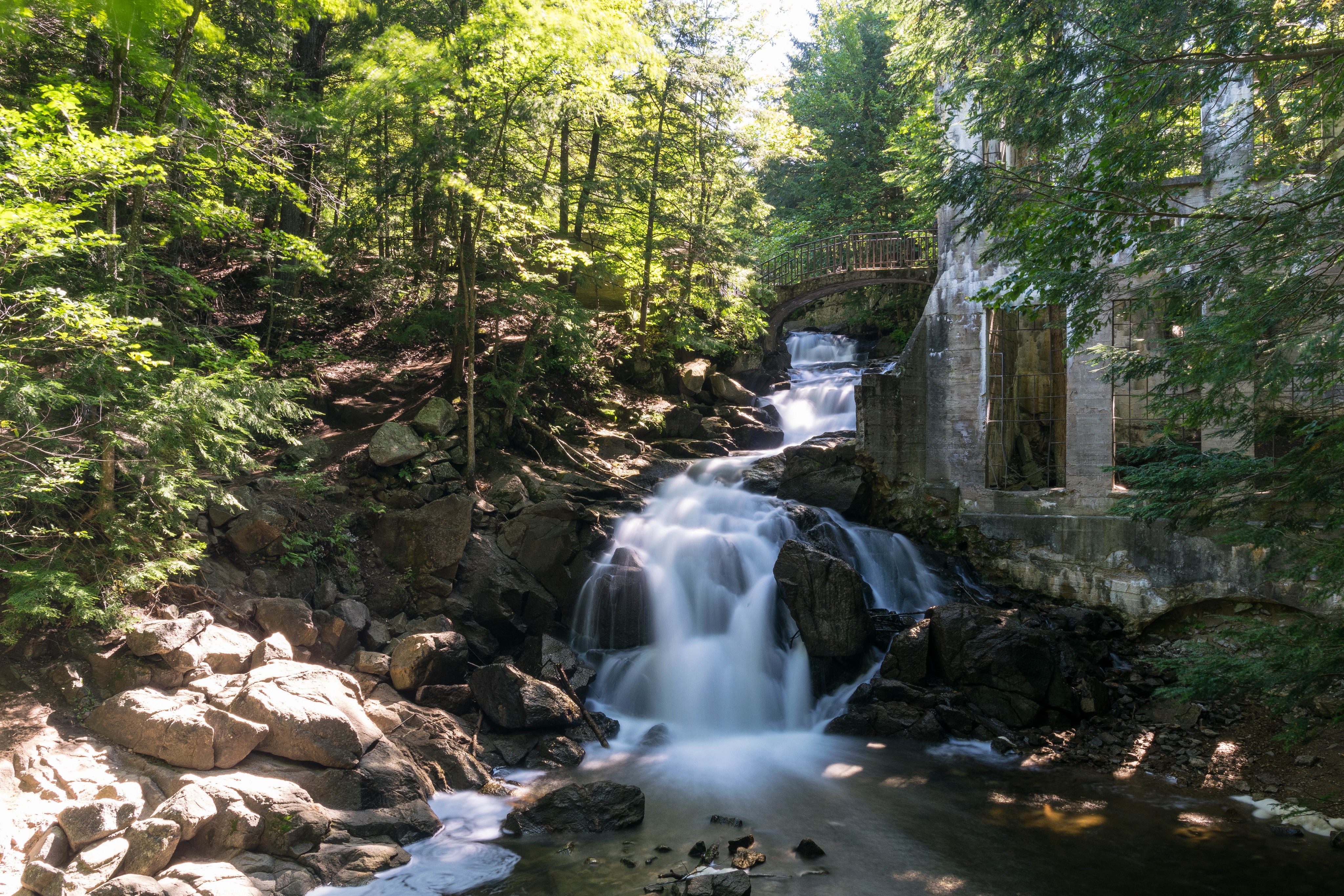 prachtige waterval in een zonnig bos