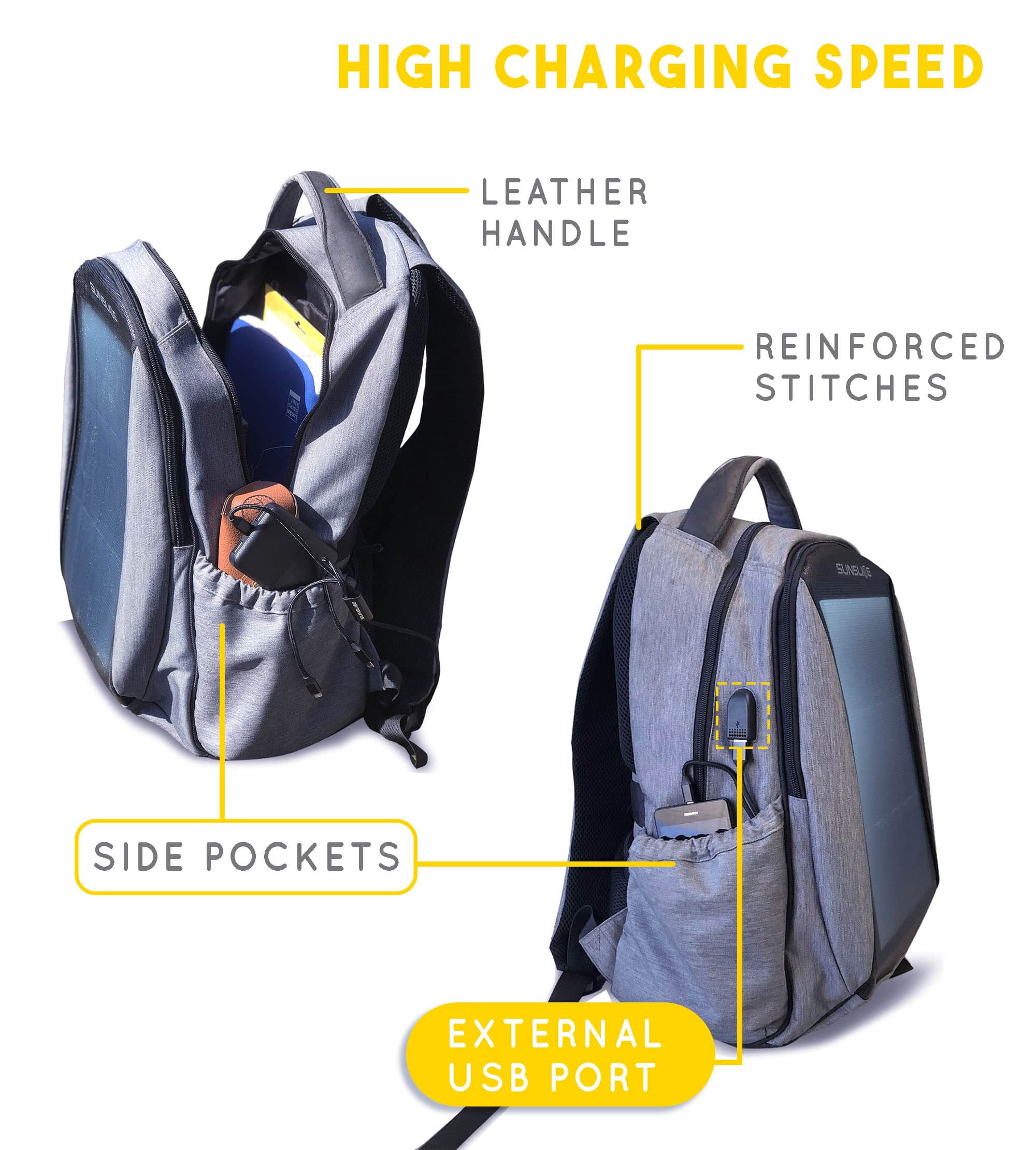 solar backpack with a external usb port, a side pockets, a leather handle and reiforced stitches for solid backpack