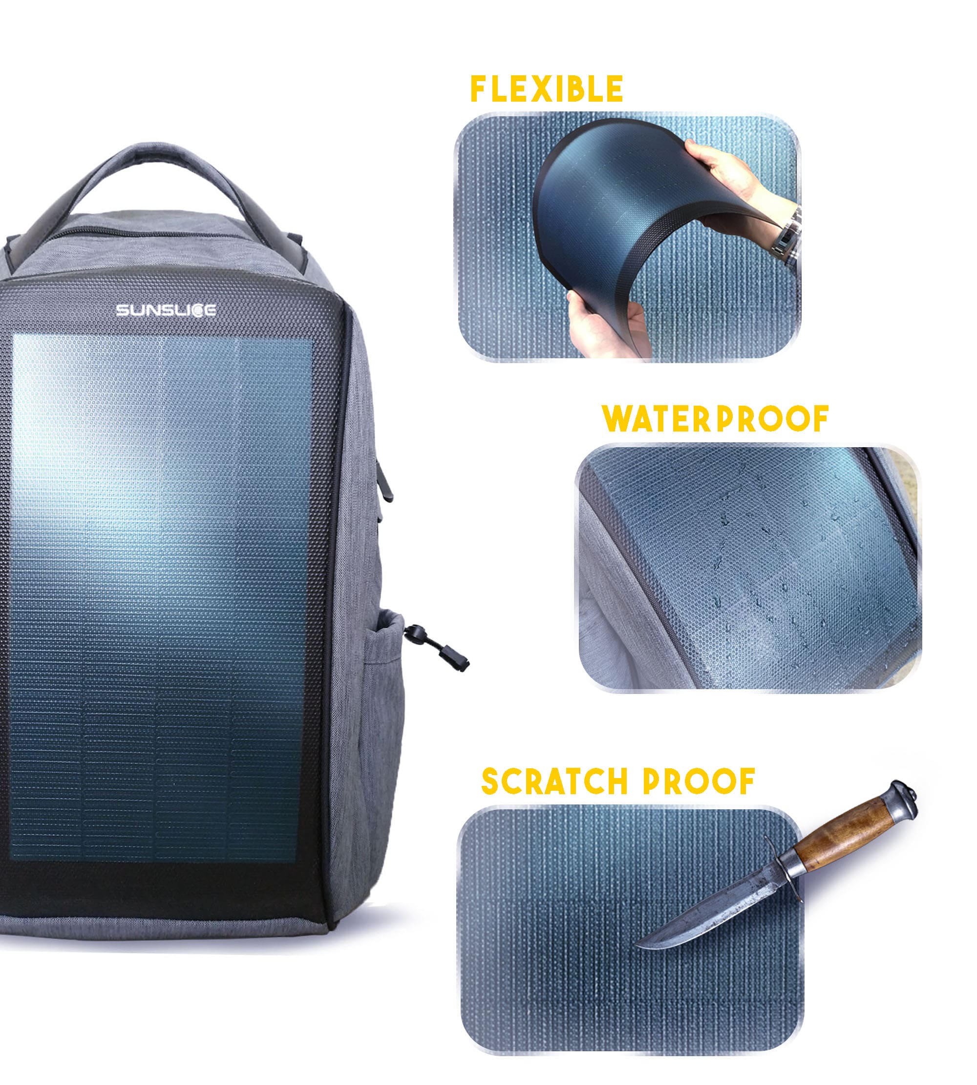 Solar backpack scratch proof, waterproof and flexible 