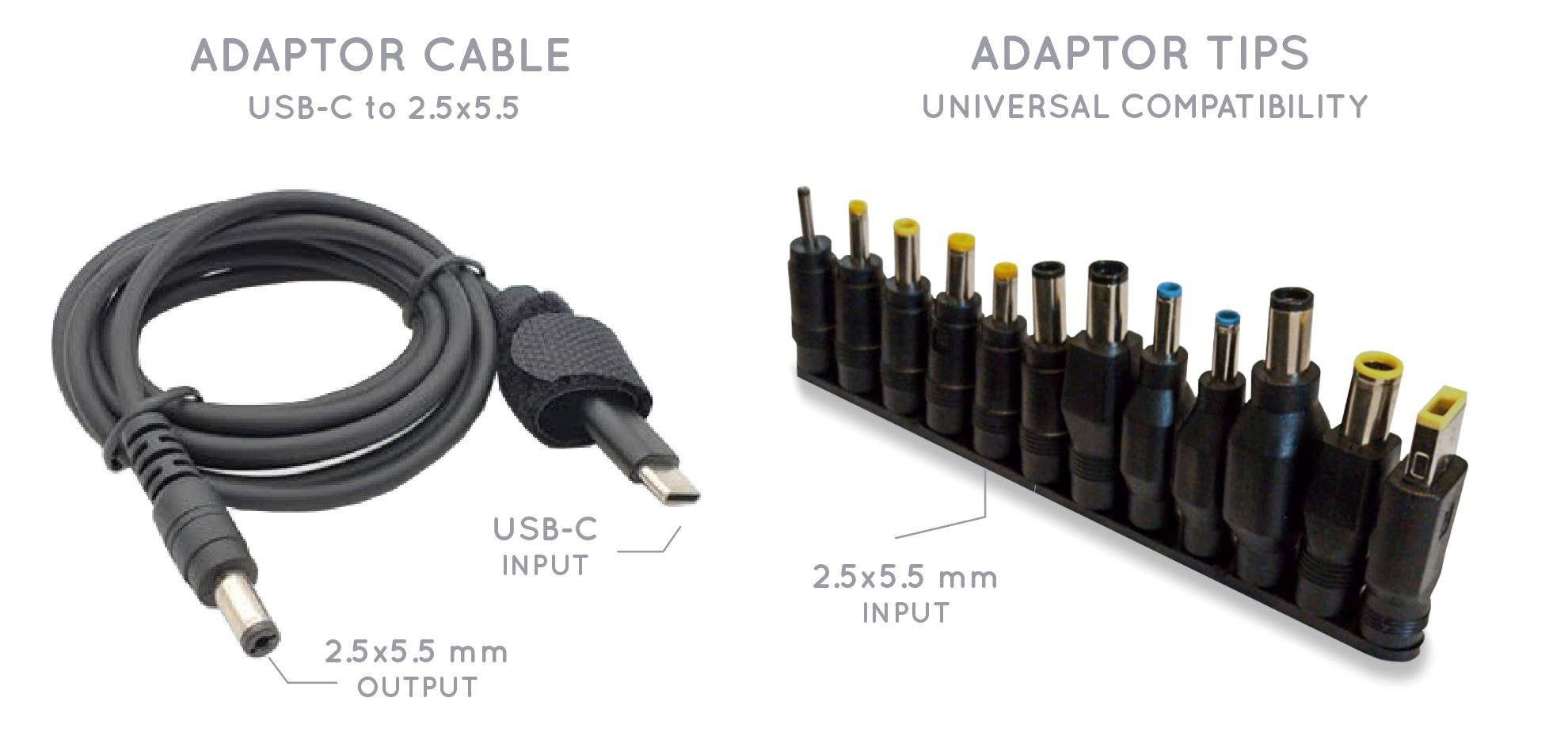 Fiches d'alimentation pour ordinateur portable - 65 Watts - Câble et adaptateur USB-C - Sunslice